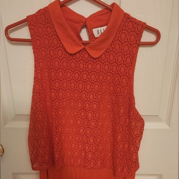 ELLE Orange Collared Lace Overlay Sleeveless Collared Blouse Size M - Picture 2 of 10